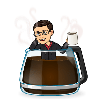 Emoji of Nate Szelag in a coffee pot holding a cup of coffee